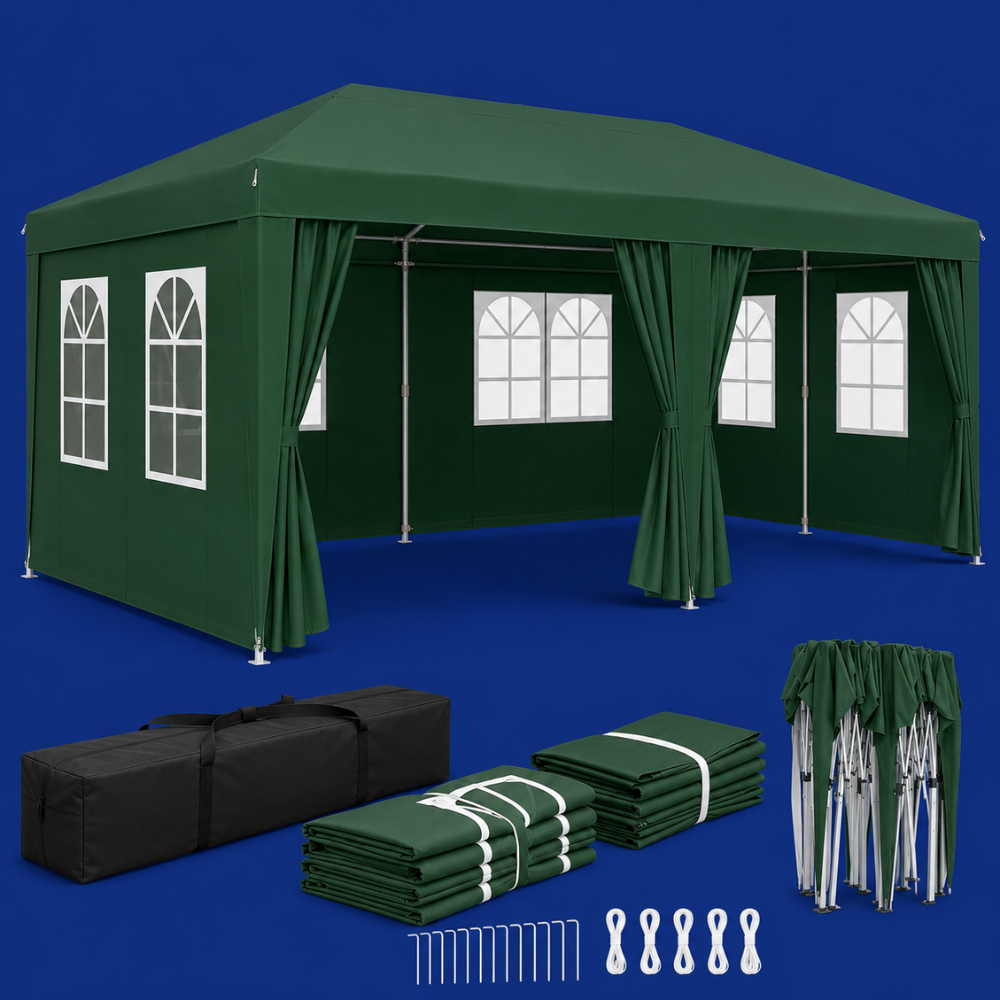 Tonnelle pliante Vert 3x6 m imperméable – Barnum professionnel avec 6 parois latérales – Montage en 5 minutes