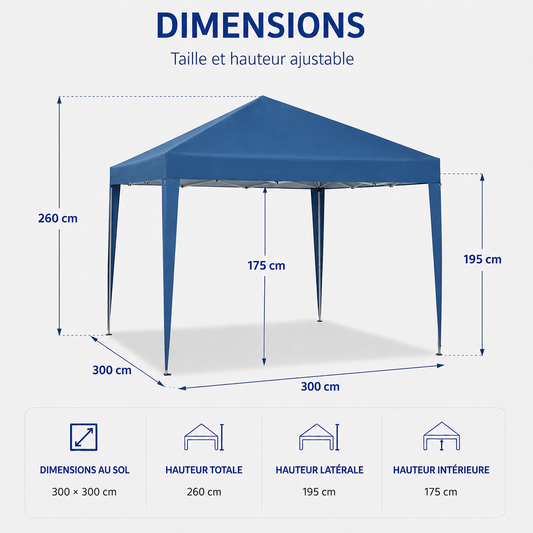 Tonnelle de jardin 3 x 3 mètres Bleu ouverte