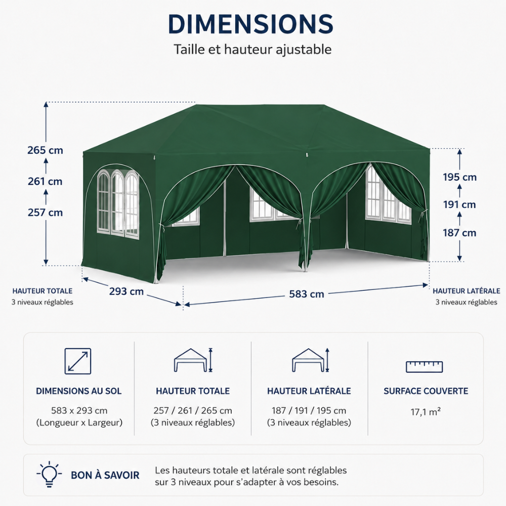 Tonnelle pliante Vert 3x6 m imperméable – Barnum professionnel avec 6 parois latérales – Montage en 5 minutes