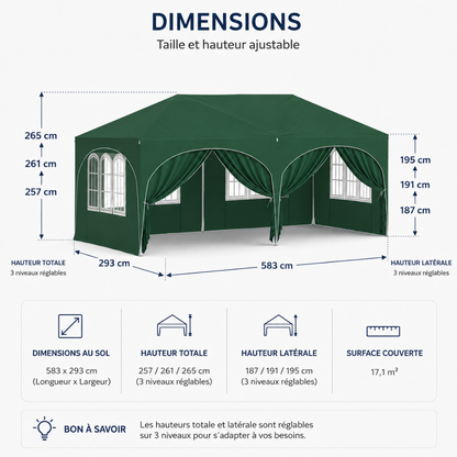 Tonnelle pliante Vert 3x6 m imperméable – Barnum professionnel avec 6 parois latérales – Montage en 5 minutes