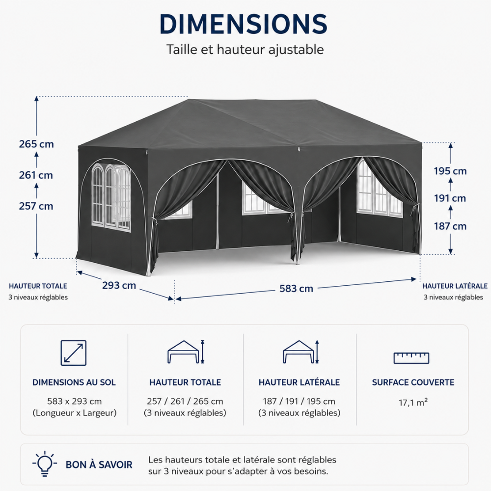 Tonnelle pliante Grise 3x6 m imperméable – Barnum professionnel avec 6 parois latérales – Montage en 5 minutes