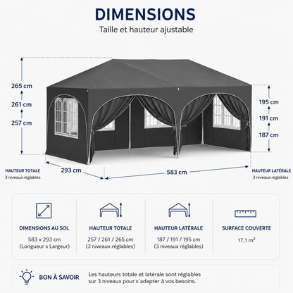 Tonnelle pliante Grise 3x6 m imperméable – Barnum professionnel avec 6 parois latérales – Montage en 5 minutes