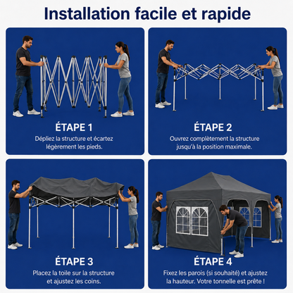 Tonnelle pliante Grise 3x6 m imperméable – Barnum professionnel avec 6 parois latérales – Montage en 5 minutes