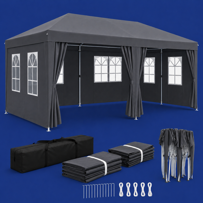 Tonnelle pliante Grise 3x6 m imperméable – Barnum professionnel avec 6 parois latérales – Montage en 5 minutes