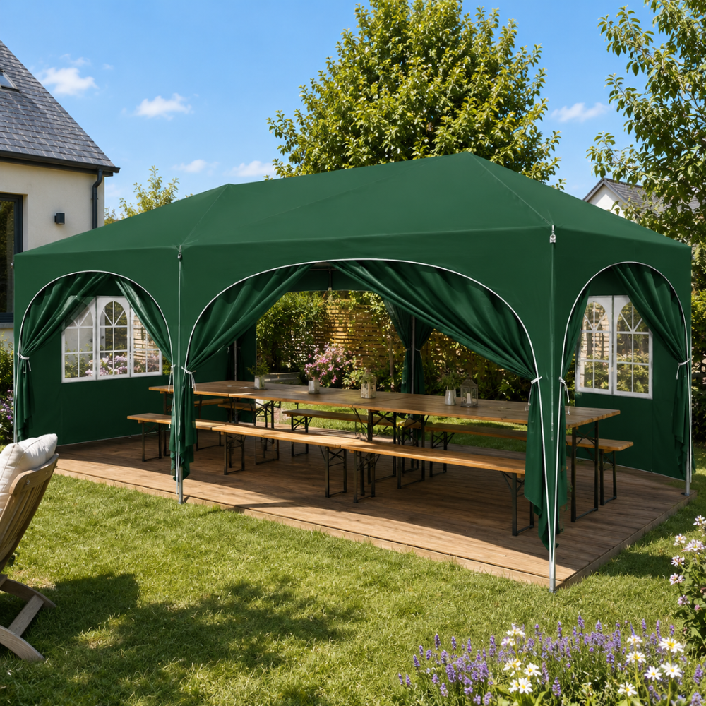 Tonnelle pliante Vert 3x6 m imperméable – Barnum professionnel avec 6 parois latérales – Montage en 5 minutes