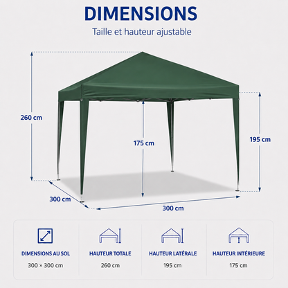 Tonnelle de jardin 3 x 3 mètres vert ouverte