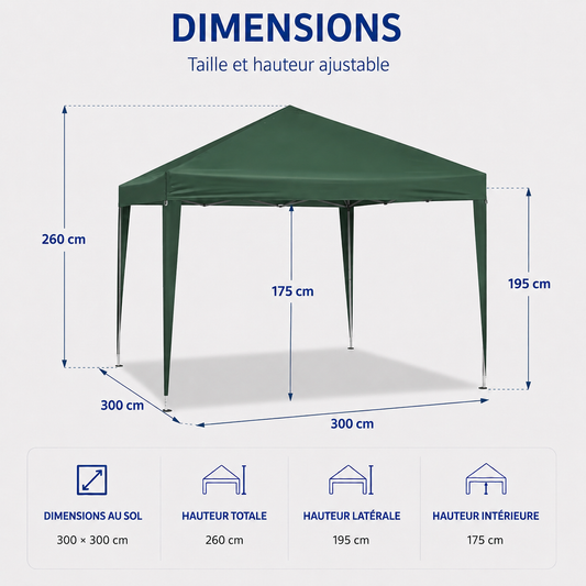 Tonnelle de jardin 3 x 3 mètres vert ouverte
