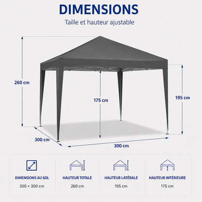Tonnelle de jardin 3 x 3 mètres Gris ouverte