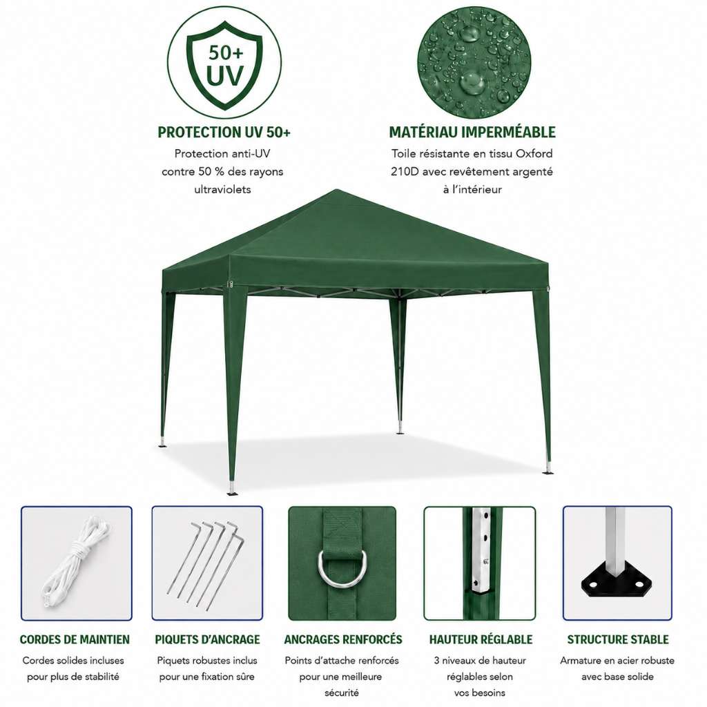 Tonnelle de jardin 3 x 3 mètres vert ouverte